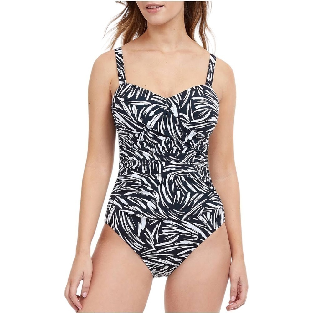 Profile by Gottex Ruched Printed One Piece 12 Black White‎ Swimsuit
